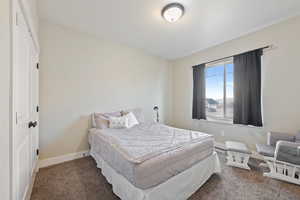 Bedroom featuring baseboards and dark colored carpet