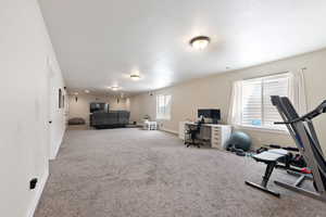 Exercise area featuring a textured ceiling, carpet flooring, and baseboards