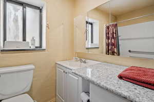 Full bath with toilet, a shower with curtain, and vanity