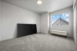 Unfurnished bedroom with light colored carpet, visible vents, a textured ceiling, and baseboards