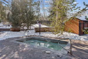 Snow covered pool with a fenced backyard and a hot tub