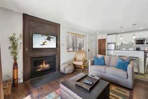 Living area featuring dark wood-style floors, recessed lighting, and a fireplace