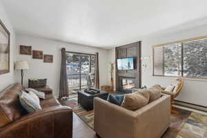 Living room featuring a healthy amount of sunlight, a baseboard radiator, a fireplace, and dark wood-type flooring