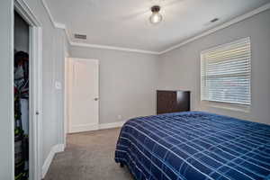 Carpeted bedroom with baseboards, visible vents, and ornamental molding