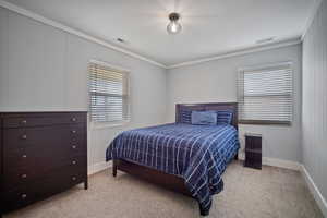 Bedroom featuring light carpet, baseboards, and visible vents