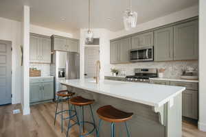 Kitchen with a kitchen island with sink, a sink, light countertops, appliances with stainless steel finishes, and hanging light fixtures