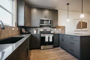 Kitchen with hanging light fixtures, a sink, stainless steel appliances, light wood-type flooring, and backsplash