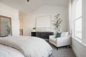 Carpeted bedroom with vaulted ceiling and baseboards