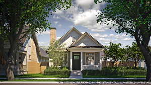 View of front of house featuring fence and a chimney