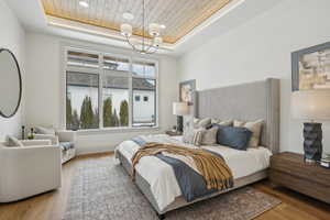 Bedroom with a raised ceiling, wooden ceiling, a notable chandelier, and wood finished floors