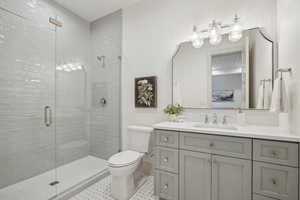 Bathroom featuring toilet, a shower stall, and vanity