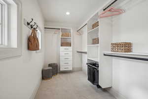 Spacious closet featuring light carpet