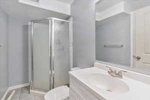 Bathroom featuring visible vents, toilet, vanity, a shower stall, and tile patterned floors