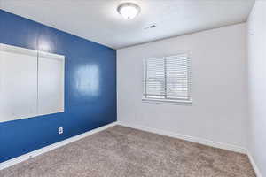 Empty room featuring carpet, a textured ceiling, visible vents, and baseboards