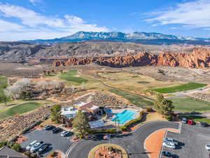 Drone / aerial view with a mountain view and golf course view