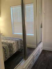 Bedroom featuring baseboards and dark wood-type flooring