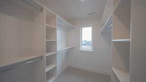 Walk in closet with visible vents and light colored carpet