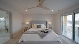 Bedroom featuring access to exterior, recessed lighting, visible vents, ceiling fan, and baseboards