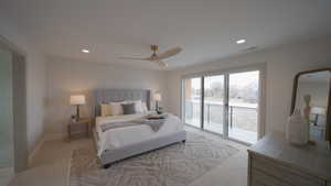 Bedroom featuring visible vents, a ceiling fan, light colored carpet, access to exterior, and recessed lighting