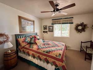 Carpeted bedroom with ceiling fan and baseboard heating