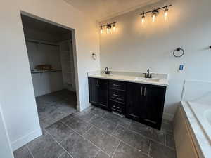 Full bath with baseboards, a sink, a spacious closet, and double vanity