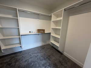 Walk in closet with dark colored carpet
