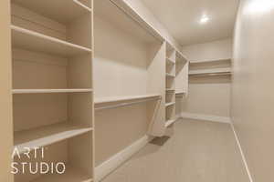 Spacious closet with light carpet