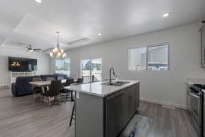 Kitchen featuring a tray ceiling, a center island with sink, gray cabinetry, appliances with stainless steel finishes, and a sink