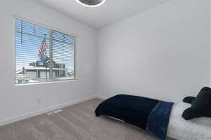 Carpeted bedroom featuring visible vents and baseboards