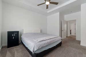 Bedroom with carpet, a tray ceiling, ceiling fan, and baseboards