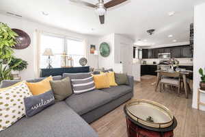 Living area featuring light wood finished floors, visible vents, a ceiling fan, and recessed lighting