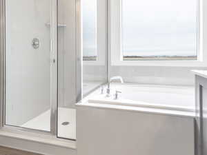 Full bathroom featuring a garden tub, a shower stall, and wood finished floors