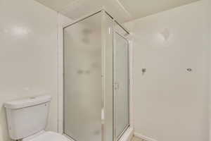 Bathroom with a stall shower and toilet