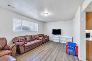 Living area with visible vents, a textured ceiling, and light wood finished floors