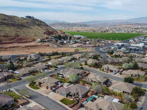 Birds eye view of property with a mountain view and a residential view