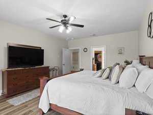 Bedroom featuring a spacious closet, a ceiling fan, a closet, and light wood finished floors