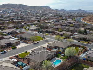 Birds eye view of property featuring a mountain view and a residential view