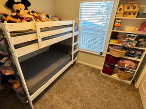 Bedroom featuring carpet, a textured ceiling, and baseboards