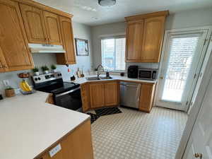 Kitchen featuring a peninsula, stainless steel appliances, light countertops, under cabinet range hood, and a sink