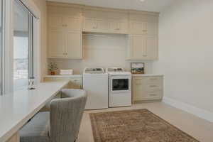 Laundry room featuring cabinet space, washer and clothes dryer, and baseboards