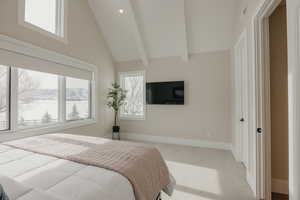 Bedroom featuring visible vents, baseboards, light colored carpet, high vaulted ceiling, and beam ceiling