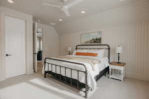 Bedroom featuring ceiling fan, recessed lighting, and light colored carpet