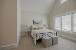 Bedroom featuring visible vents, high vaulted ceiling, light carpet, and a mountain view