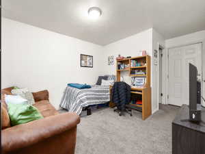 Bedroom with light carpet, a textured ceiling, and exit to covered parking