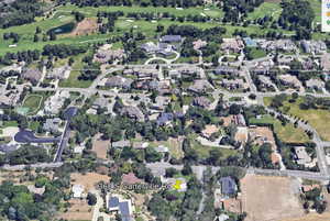 Drone / aerial view featuring a residential view and golf course view