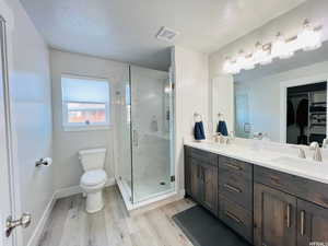 Full bath featuring a spacious closet, wood finished floors, a sink, and visible vents