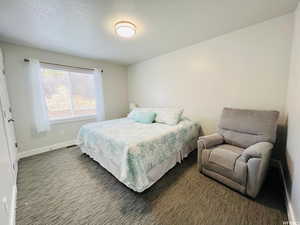 Bedroom featuring dark carpet, a textured ceiling, and baseboards