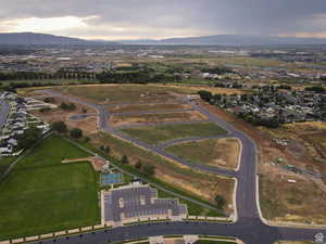 Aerial view at dusk with a mountain view