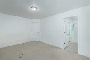 Spare room featuring light carpet, baseboards, and a textured ceiling