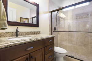 Bathroom with toilet, a shower stall, and vanity